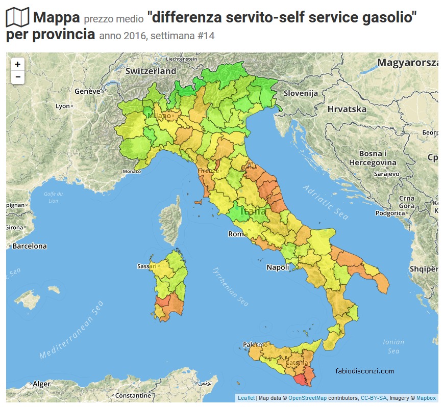 differenza prezzi gasolio servito e self-service province italiane